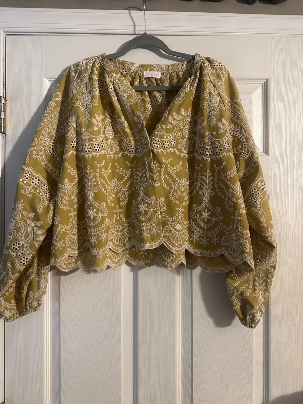 Pink Lily Mustard Embroidered Peasant Blouse